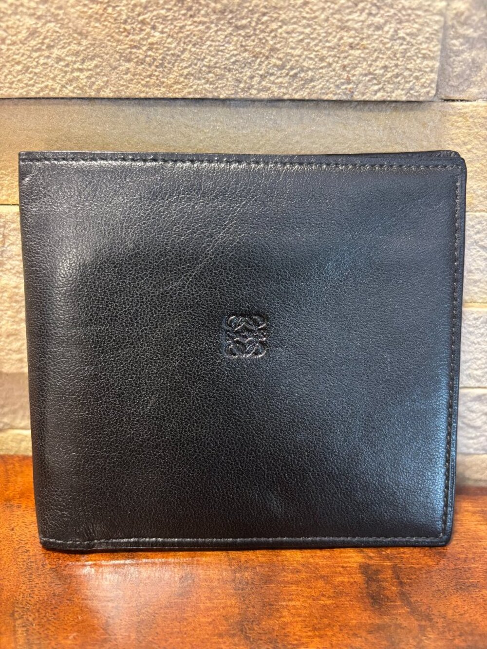 Authentic Vintage LOEWE Black Leather Bifold Wallet Embossed Anagram Slim Spain